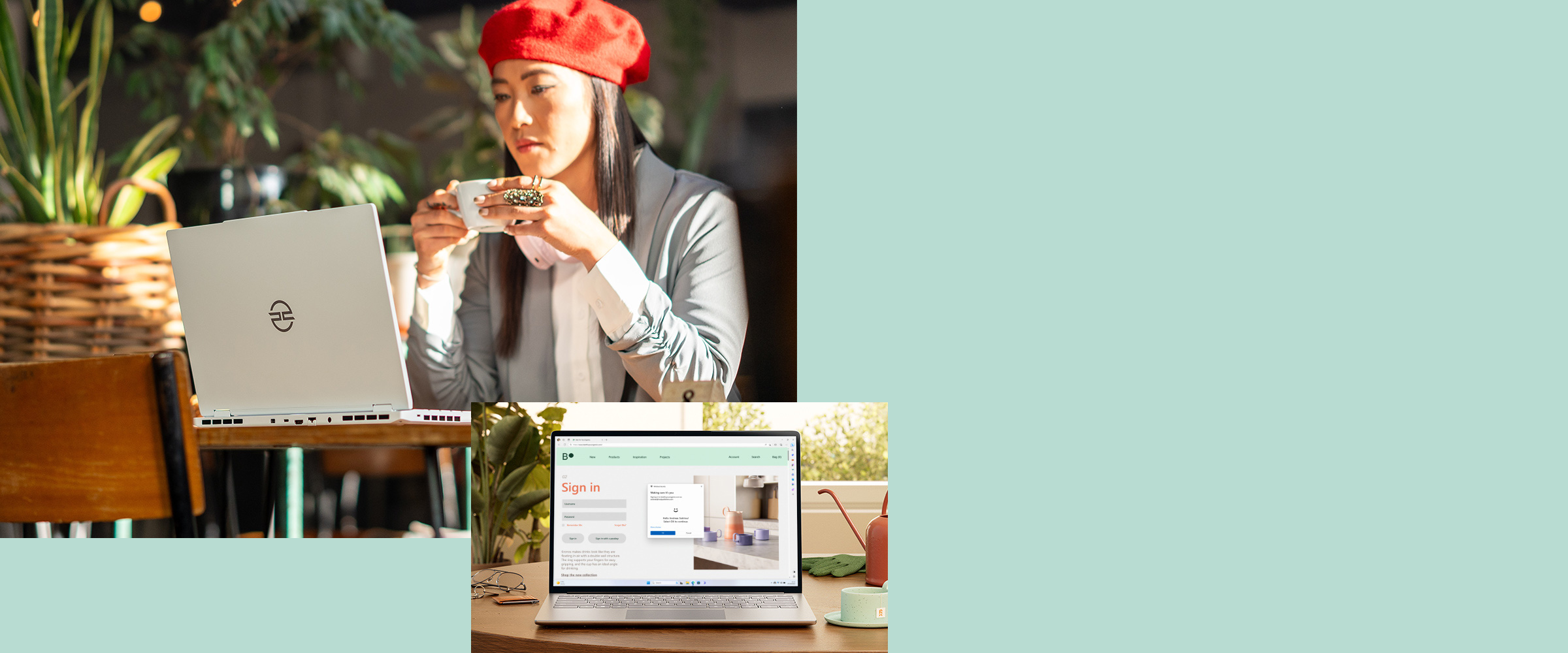 Eine Frau vor einem PCSpecialist-Laptop mit Windows 11