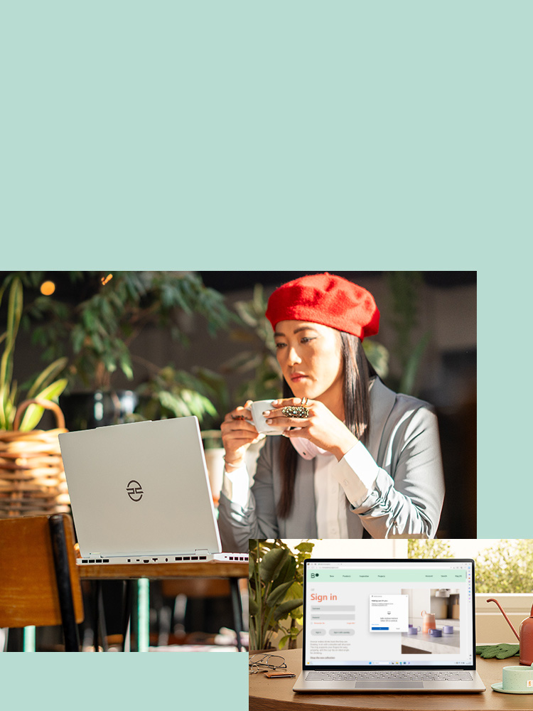 Eine Frau vor einem PCSpecialist-Laptop mit Windows 11